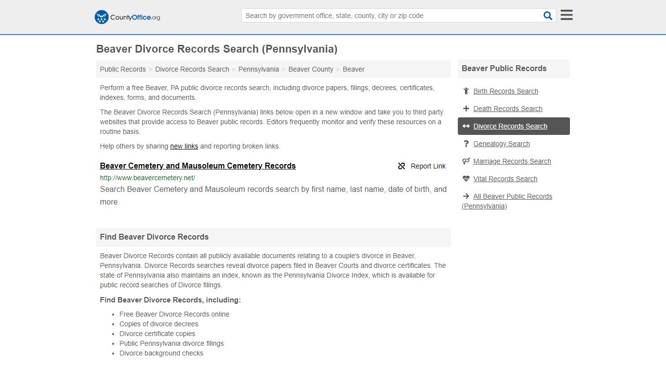 Beaver Divorce Records Search (Pennsylvania) - County Office